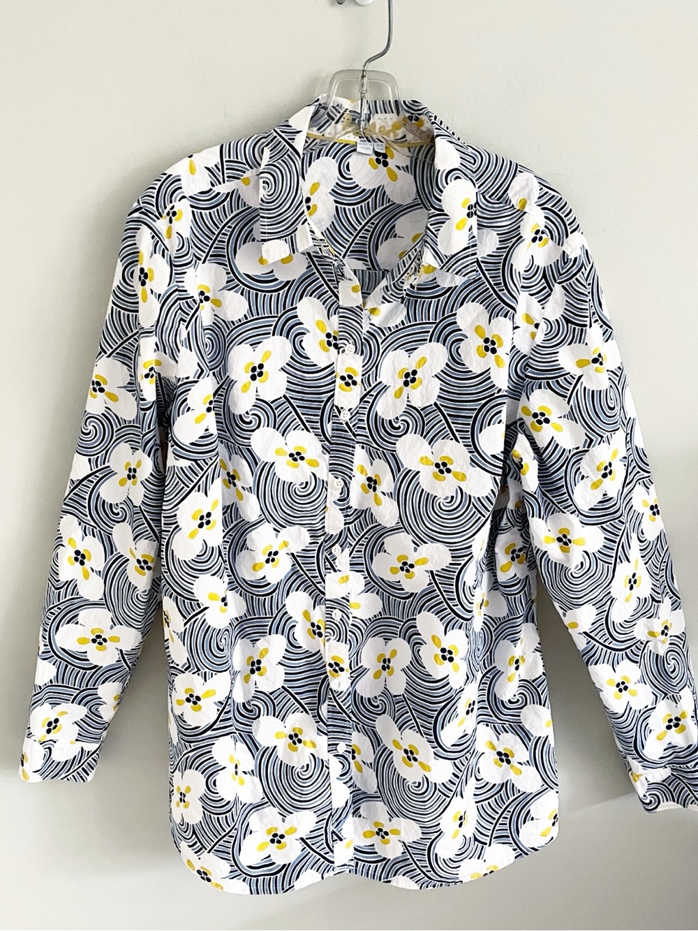 Boden navy blue and yellow abstract geometric button-down shirt